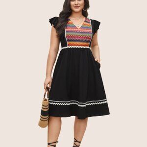 BloomChic Color Embroidered Patchwork Flounce Sleeve Dress XL us14-16